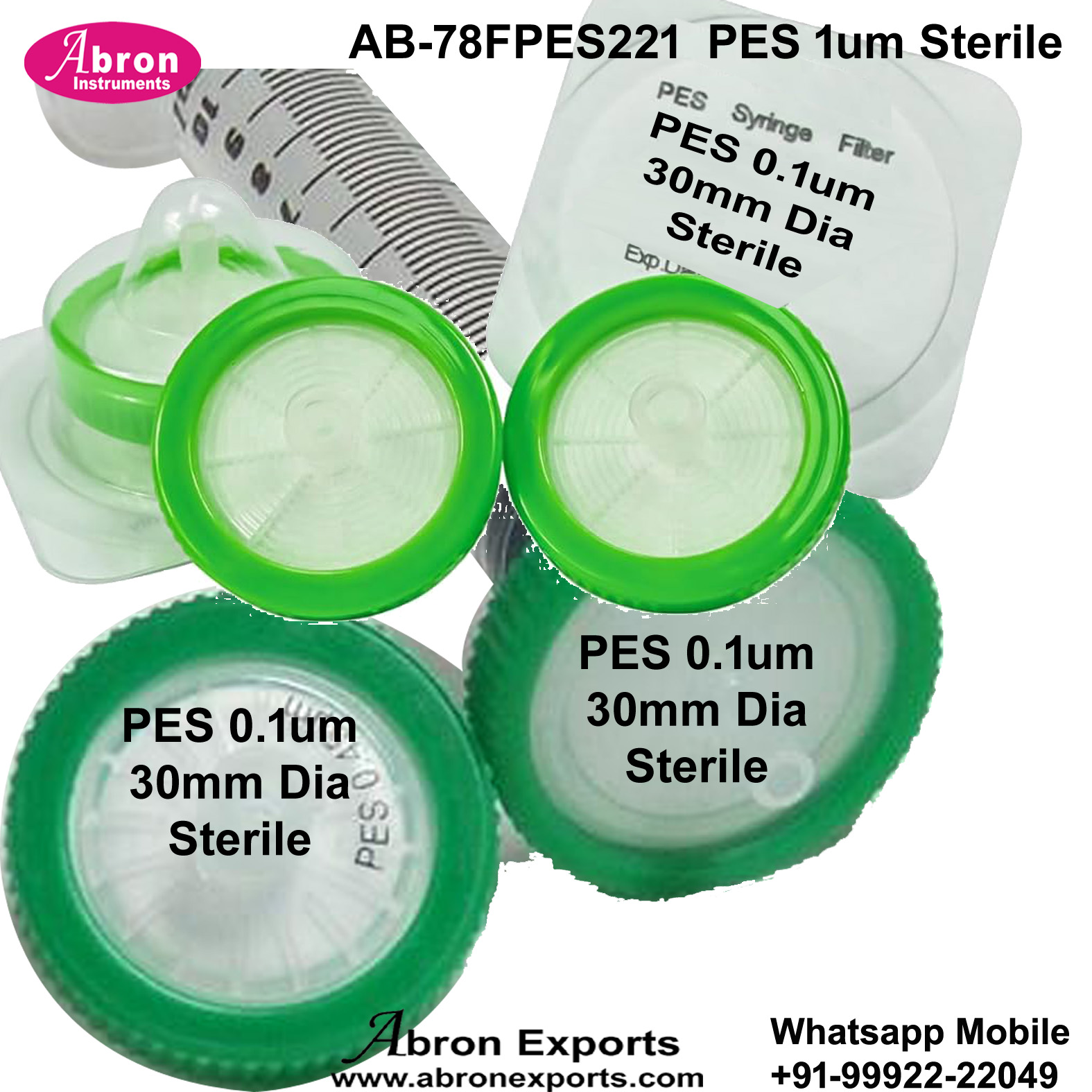 Syringe Filter PES Dia 30mm 0.1um Polyethersulfone Removal Typical Pore Size 0.1um Dia 30mm Micron 360pc Pack Abron AB-78FPES301 